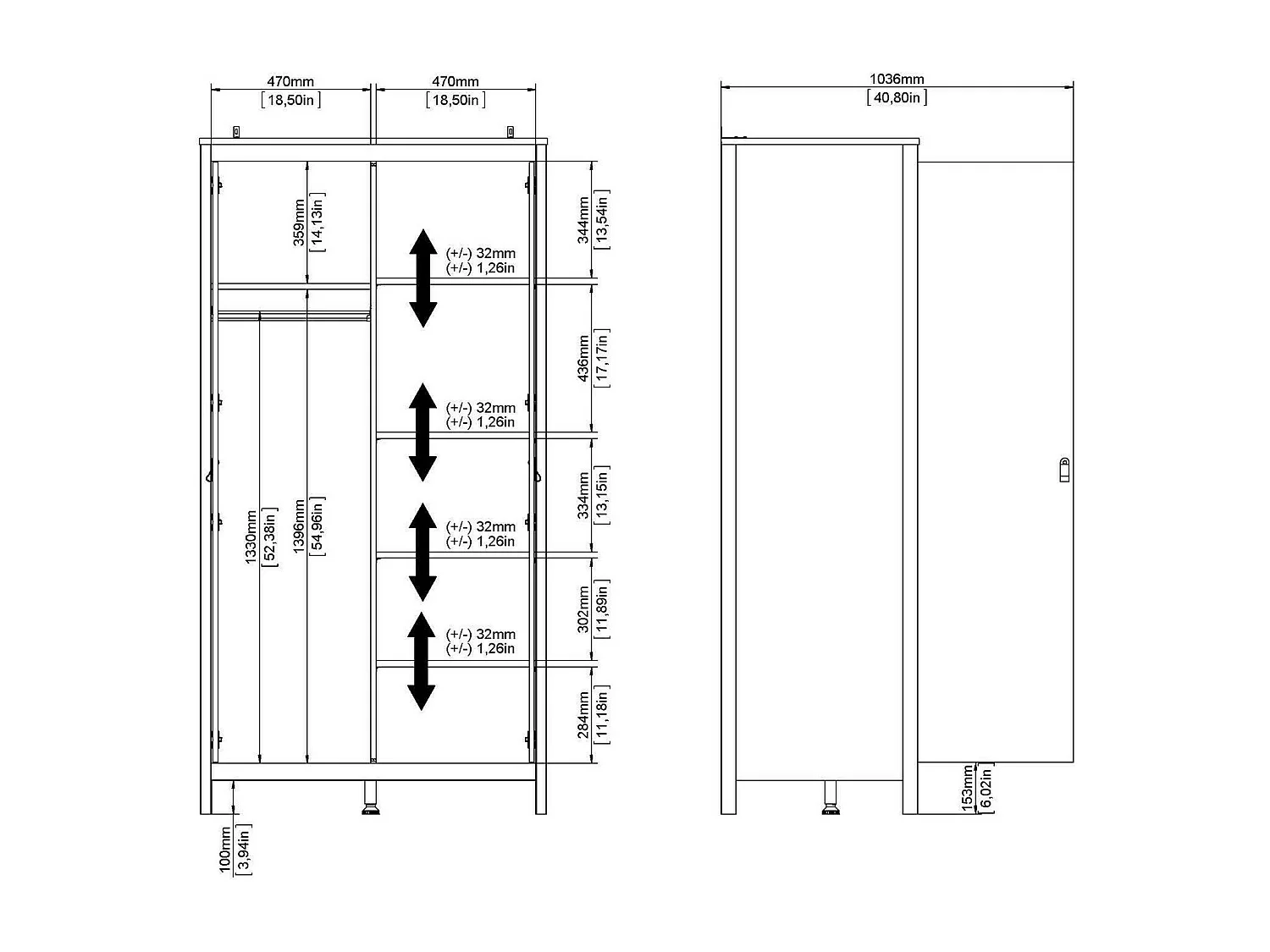 Kleiderschrank 2 Türen Dsciacc, Schlafzimmermöbel, Schrank, Garderobe, 102x58 h199 cm, WeiÃŸ