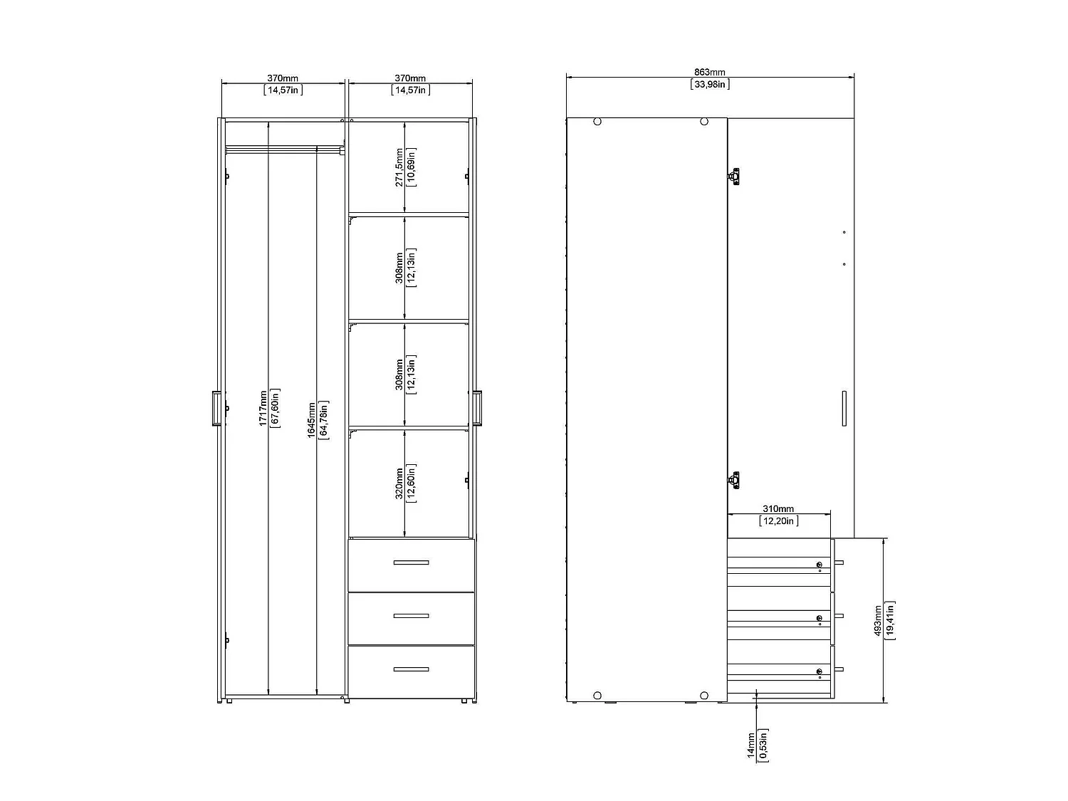Garde-robe 2 portes Dscurt, Meubles de chambre, Penderie de plain-pied, Placard à vêtements, 77x49 h175 cm, Blanc