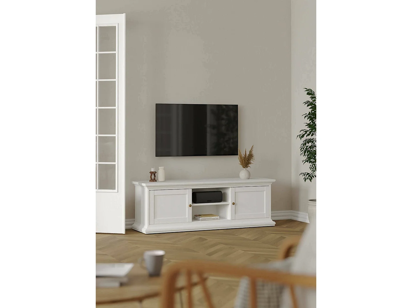 Meuble TV Dthura, Buffet de salon, Armoire basse pour TV, Base murale de rangement, 149x42 h51 cm, Blanc