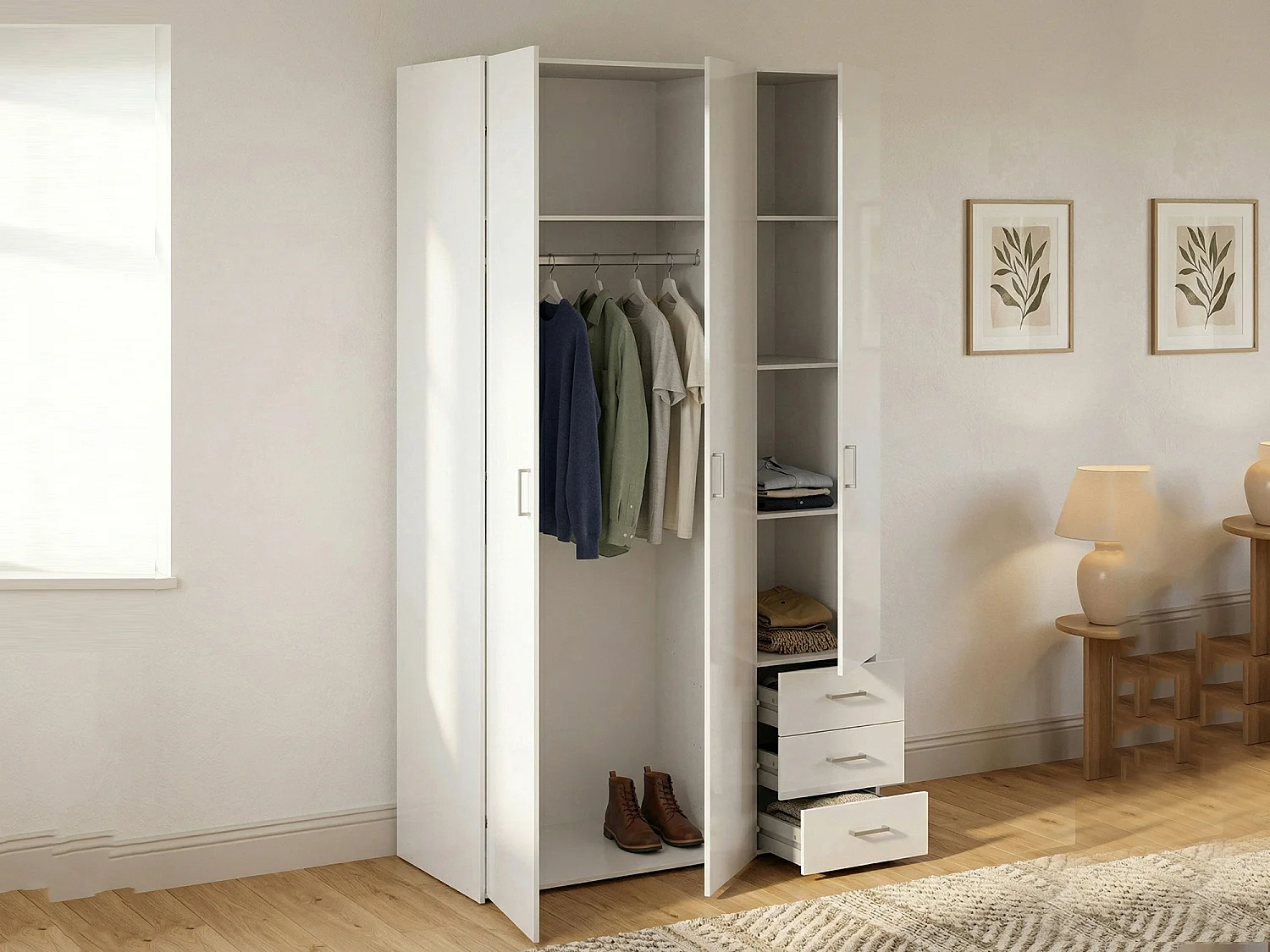 Garde-robe 3 portes Dsemplic, Meubles de chambre, Penderie de plain-pied, Placard à vêtements, 116x50 h200 cm, Blanc