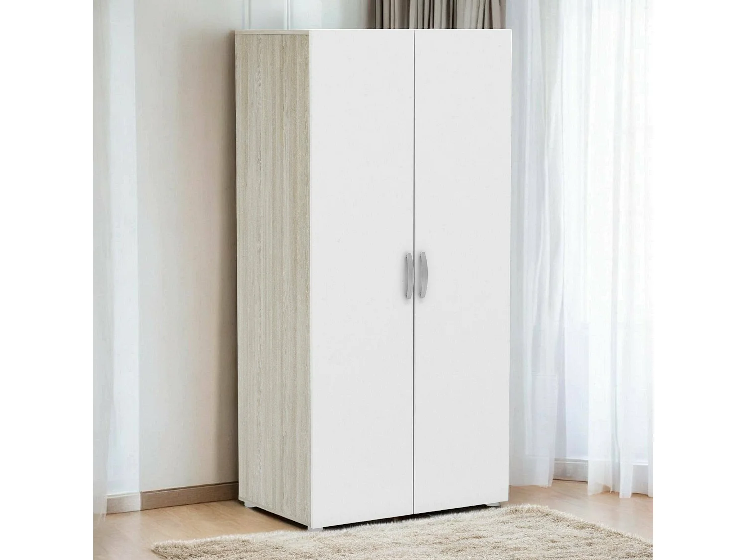 Armario 2 puertas Dsaevi, Muebles de dormitorio, Vestidor, Armario de ropa, 79x52 h166 cm, Roble y Blanco mate