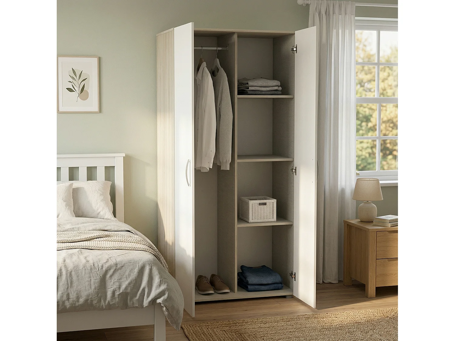 Garde-robe 2 portes Dsaevi, Meubles de chambre, Penderie de plain-pied, Placard à vêtements, 79x52 h166 cm, Chêne et Blanc mat