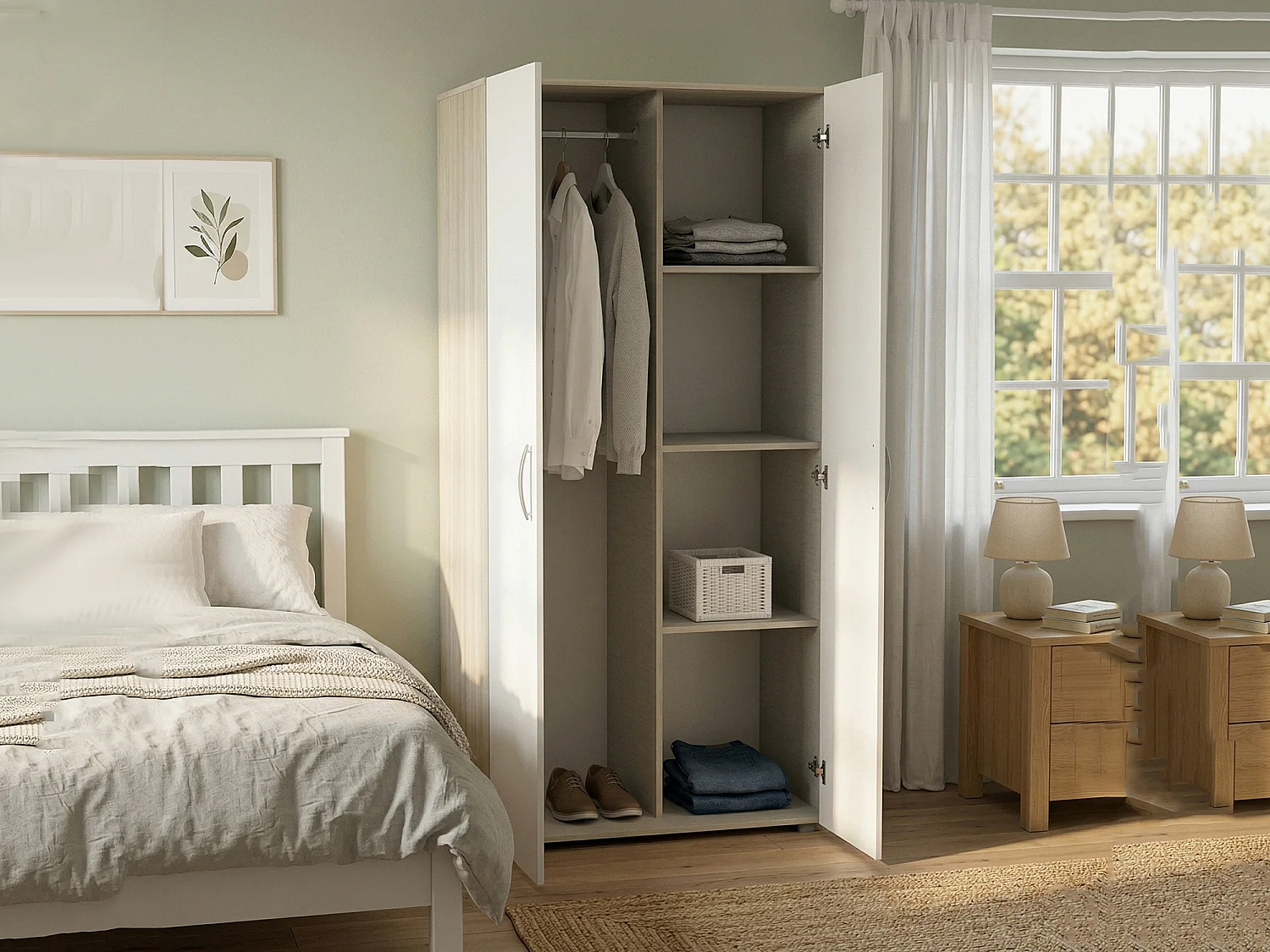 Guardaroba 2 Ante Ockhi, 3 Ripiani, 51.6x165.5h cm Bianco Opaco, Armadio Camera da Letto