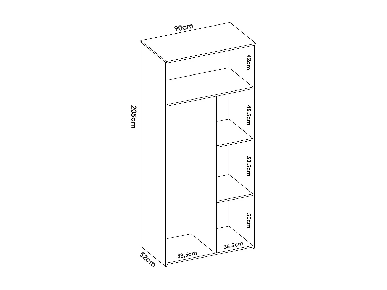 Dcantla 2-deurskast, Slaapkamermeubel, Inloopkast, Kledingkast, 90x53 h202 cm, Wit en Eiken