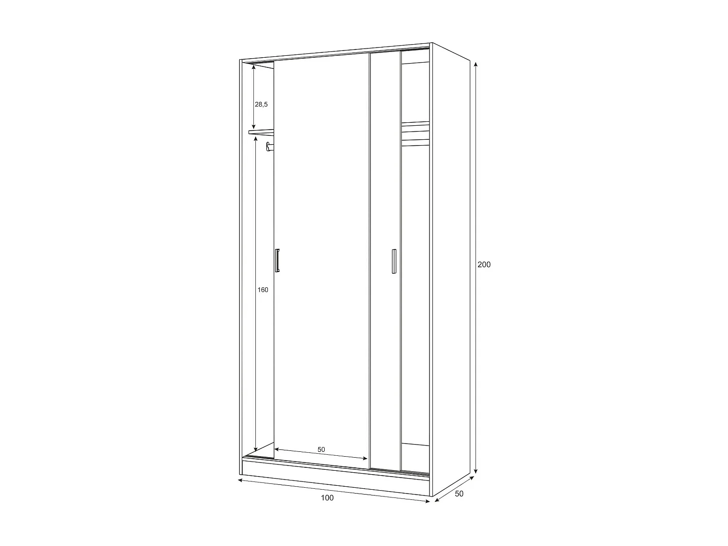 Armário Dagnan, Armário de quarto com 2 portas de correr, Armário com prateleira e varão, 100x50h200 cm, Carvalho