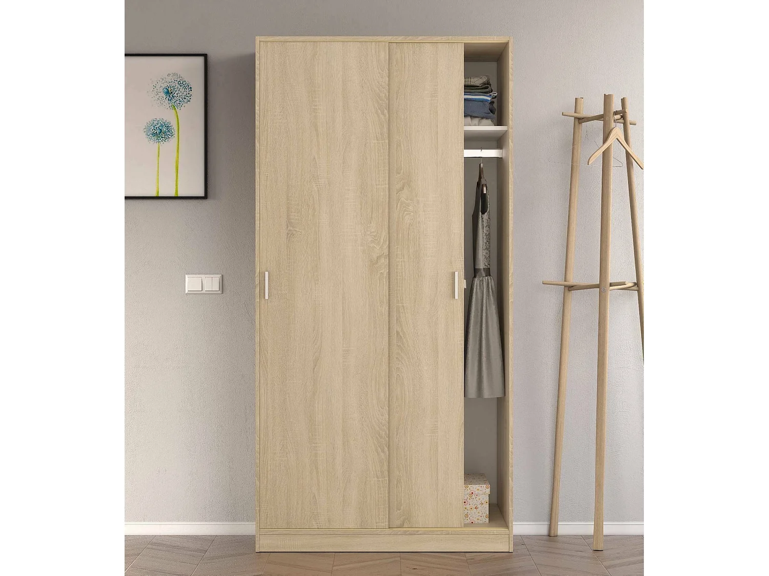 Dagnan kledingkast, Slaapkamerkast met 2 schuifdeuren, Kast met plank en kledingroede, 100x50h200 cm, Eiken