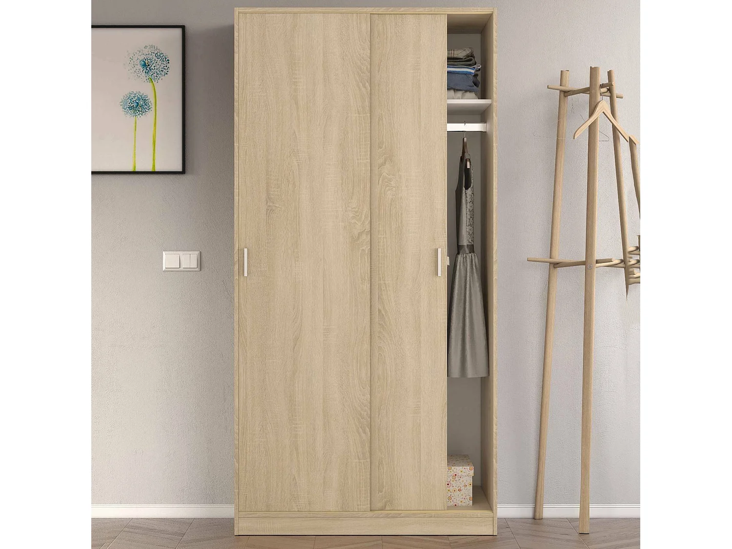 Armoire Dagnan, Armoire de chambre avec 2 portes coulissantes, Armoire avec étagère et tringle à vêtements, 100x50h200 cm, Chêne