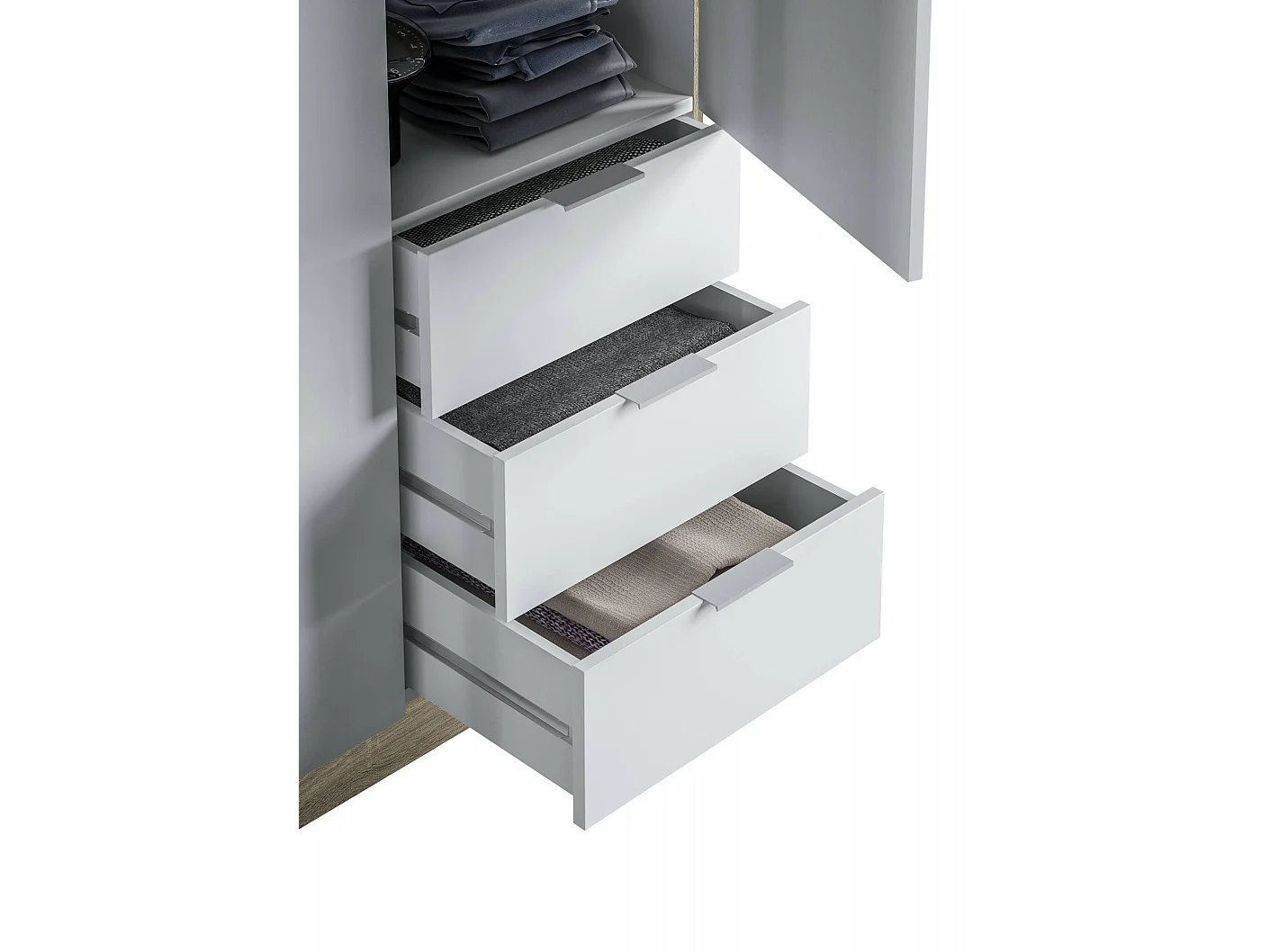 Guardarropa Daband, Armario dormitorio con 3 puertas y 3 cajones, Mueble con barra perchero y 3 baldas, 121x52h180 cm, Blanco y Roble