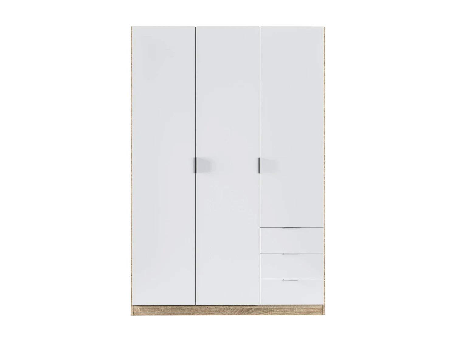 Guardarropa Daband, Armario dormitorio con 3 puertas y 3 cajones, Mueble con barra perchero y 3 baldas, 121x52h180 cm, Blanco y Roble