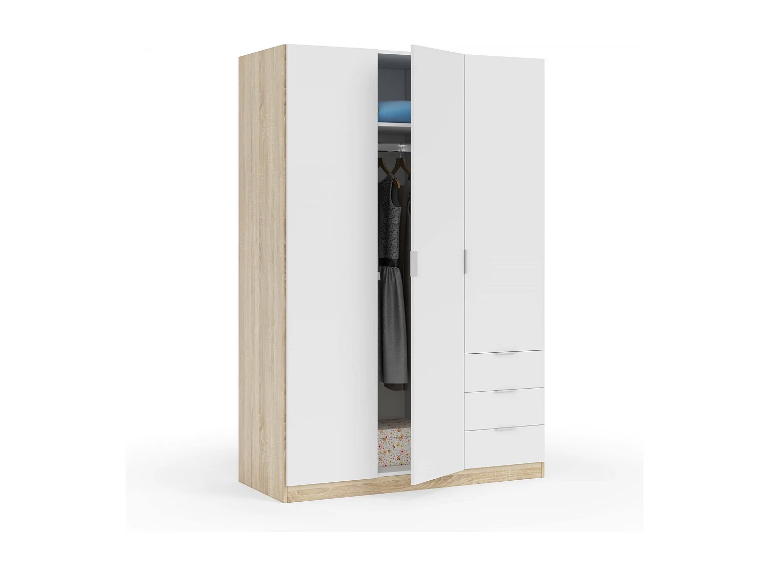 Armoire Daband, Armoire de Chambre avec 3 Portes et 3 Tiroirs, Armoire avec Barre de Suspension et 3 Étagères, 121x52h180 cm, Blanc et Chêne