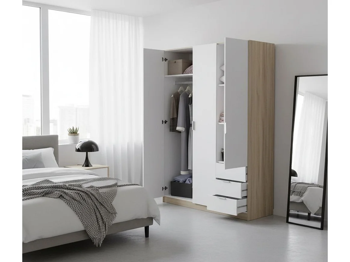 Armoire Daband, Armoire de Chambre avec 3 Portes et 3 Tiroirs, Armoire avec Barre de Suspension et 3 Étagères, 121x52h180 cm, Blanc et Chêne