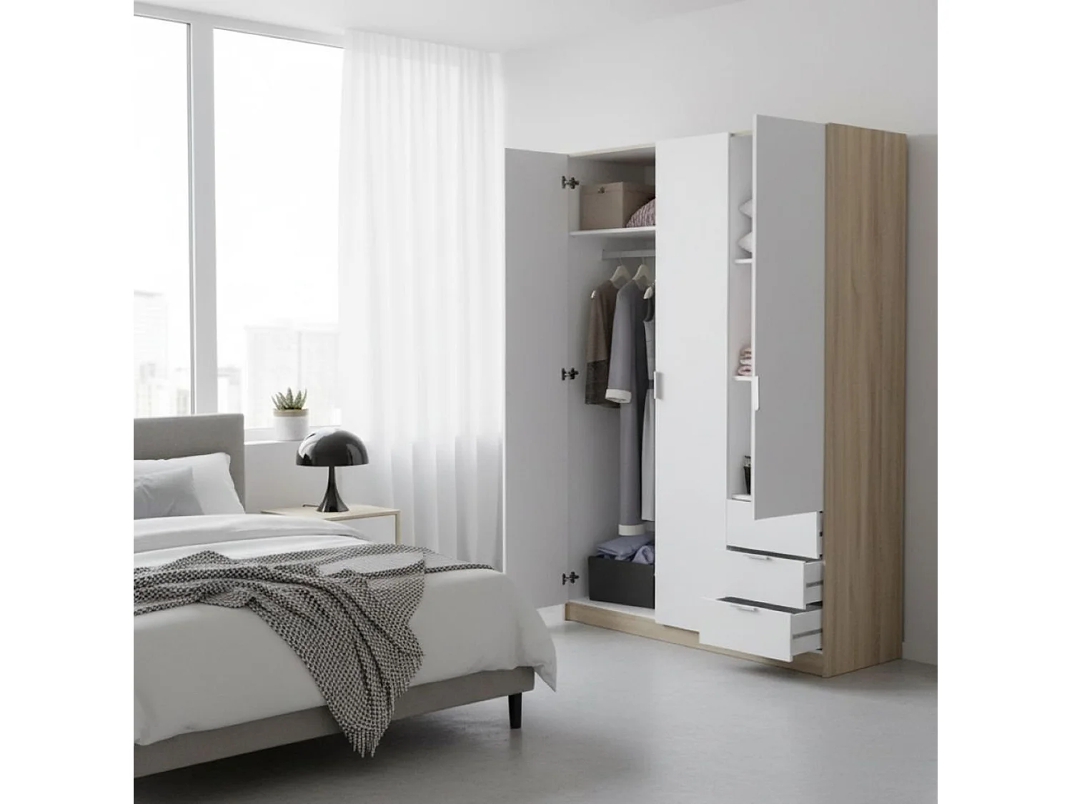 Garderobe Daband, Schlafzimmerschrank mit 3 Türen und 3 Schubladen, Schrank mit Kleiderstange und 3 Einlegeböden, 121x52h180 cm, WeiÃŸ und Eiche