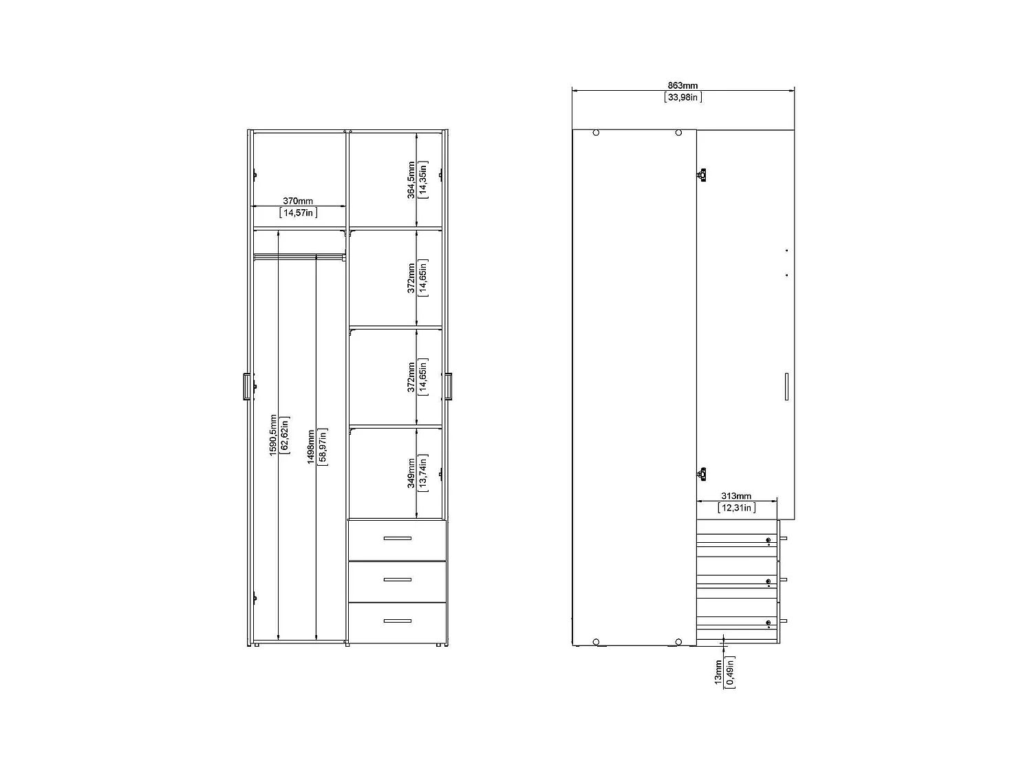 Guardaroba 2 Ante Apollina, 3 Cassetti, 49.5x200.4h cm Bianco Lucido, Armadio Camera da Letto