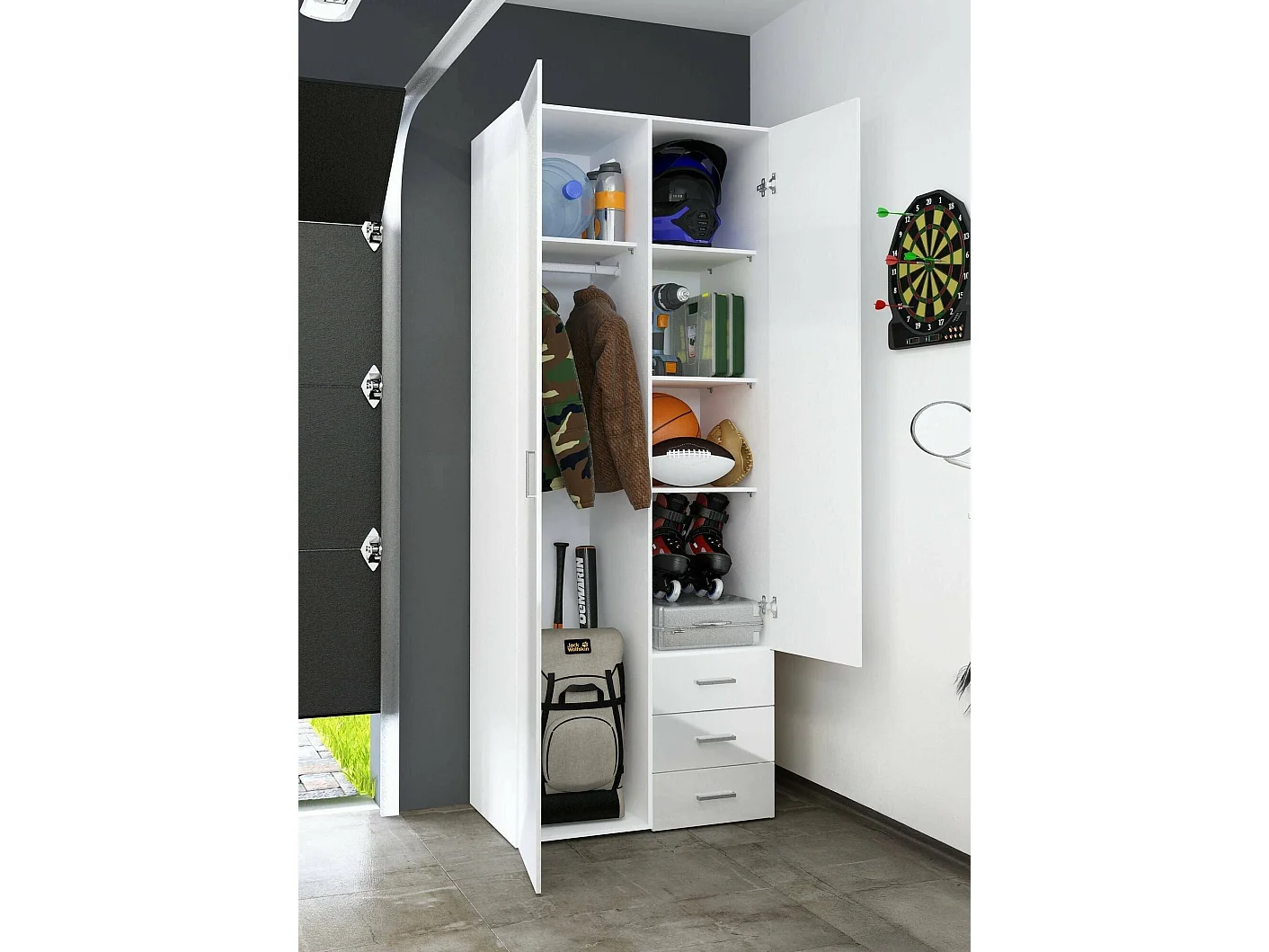 Guardaroba 2 Ante Apollina, 3 Cassetti, 49.5x200.4h cm Bianco Lucido, Armadio Camera da Letto