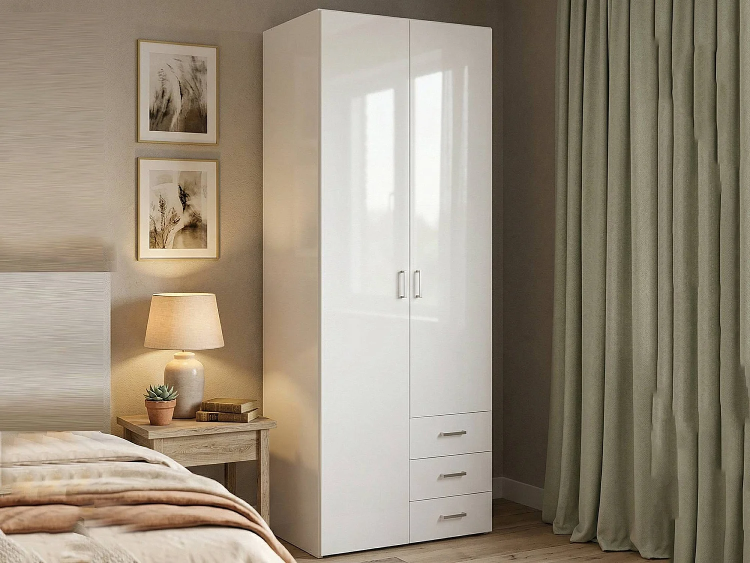 Guardaroba 2 Ante Apollina, 3 Cassetti, 49.5x200.4h cm Bianco Lucido, Armadio Camera da Letto