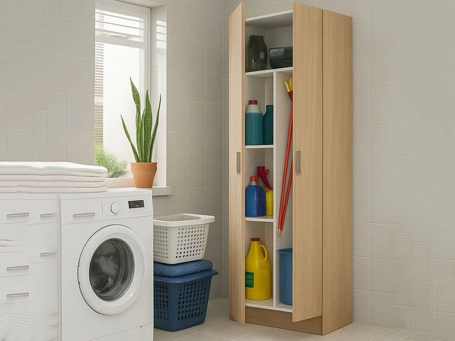 Dabaldi multifunctionele kledingkast, Bezemhouderkast met 2 deuren, Schoenenrek met planken, Bezemhouderkast, cm73x37h180 cm, Eiken