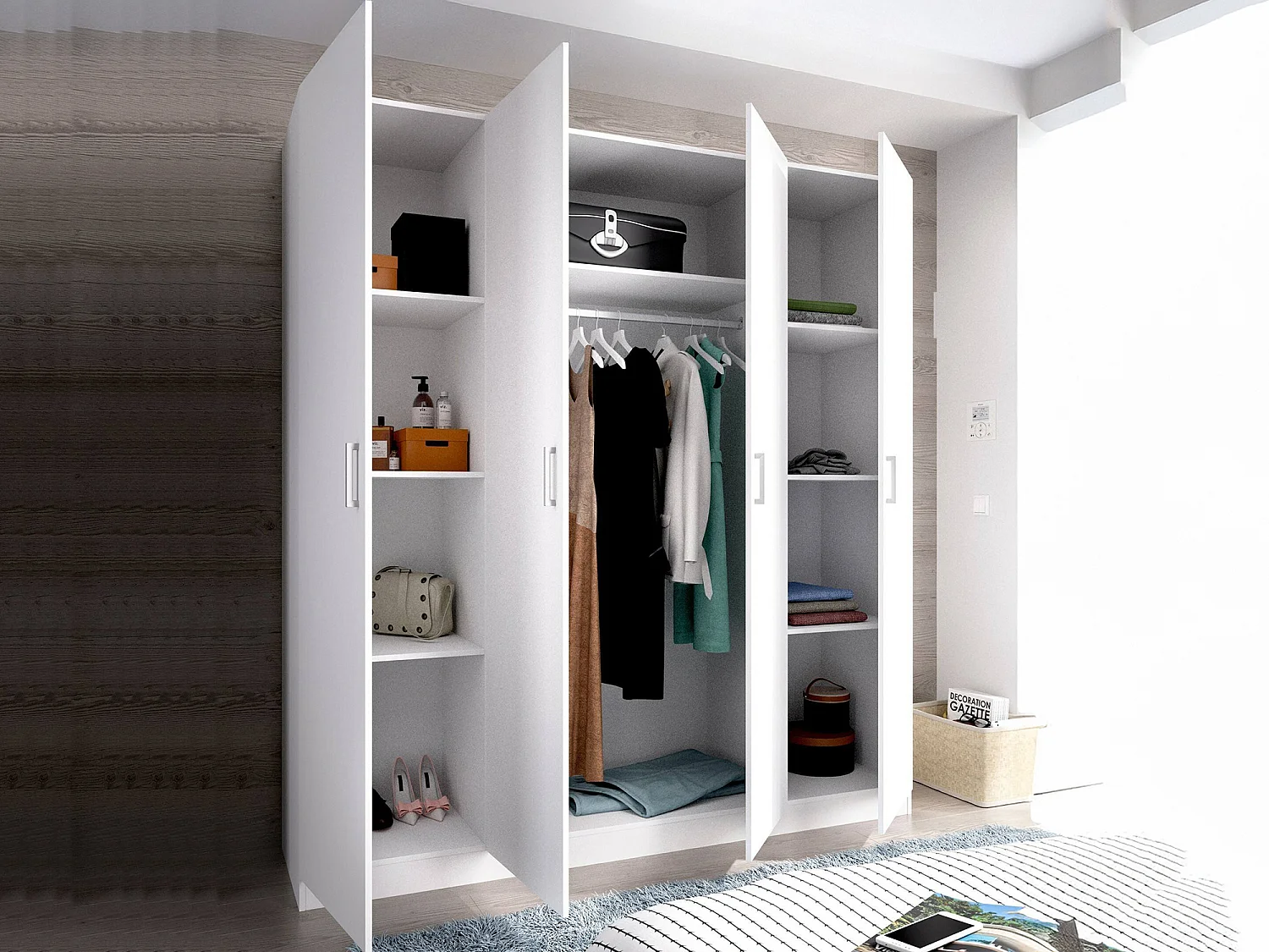 Bove Armoire, Cintre pour chambre à coucher, Armoire avec 4 portes battantes, 200x52h215 cm, Blanc