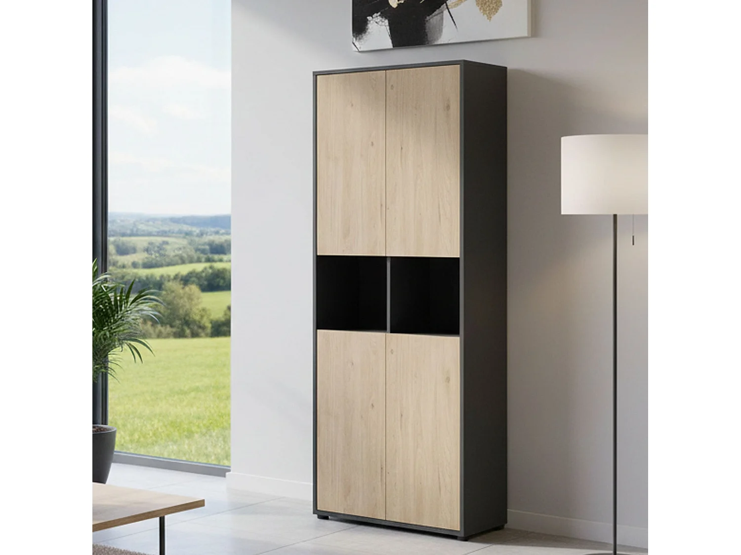 Bibliothèque Dtavca, Etagère de bureau, Porte-livre mobile, Librairie, 80x34 h205 cm, Chêne et Gris