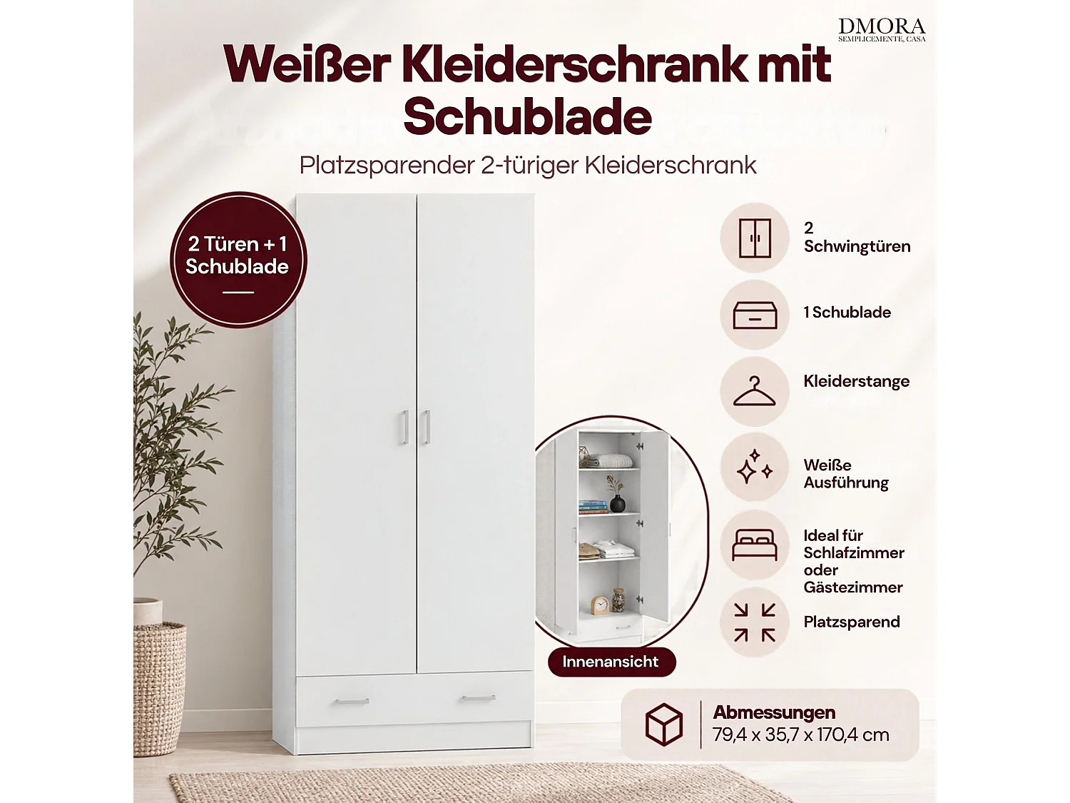 Garde-robe 2 portes Dsban, Meubles de chambre, Penderie de plain-pied, Placard à vêtements, 79x36 h170 cm, Blanc