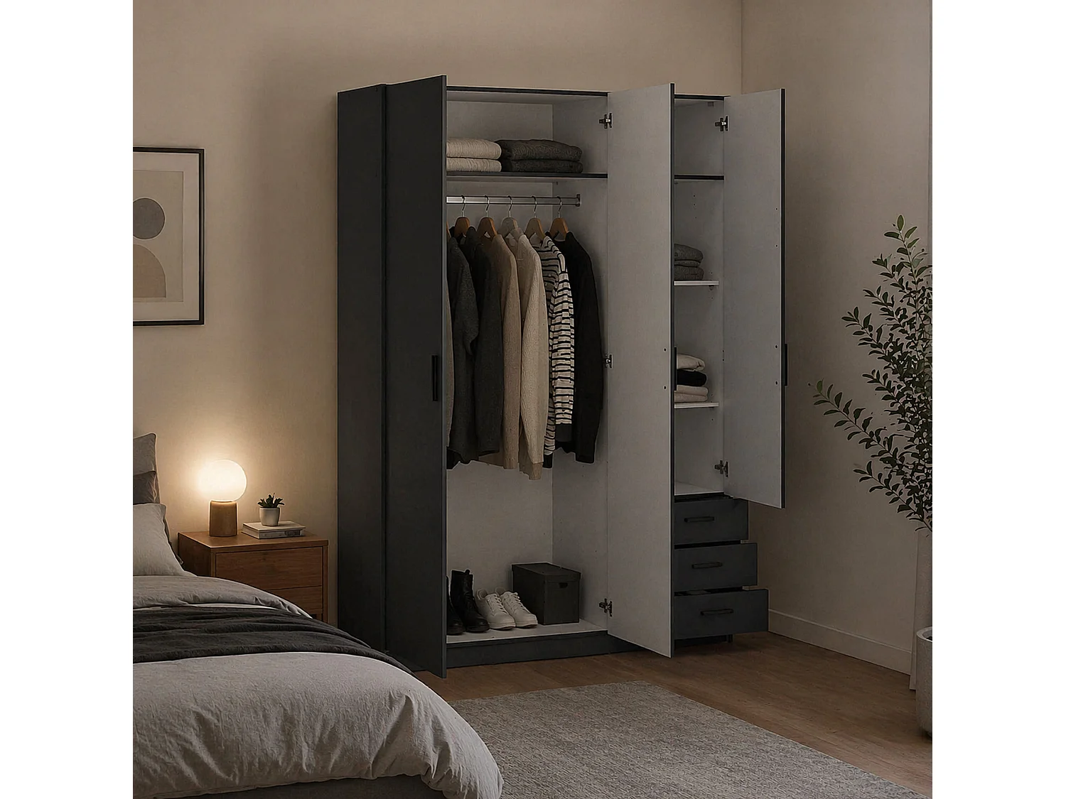 Garde-robe 3 portes Dsenk, Meubles de chambre, Penderie de plain-pied, Placard à vêtements, 147x50 h200 cm, Gris