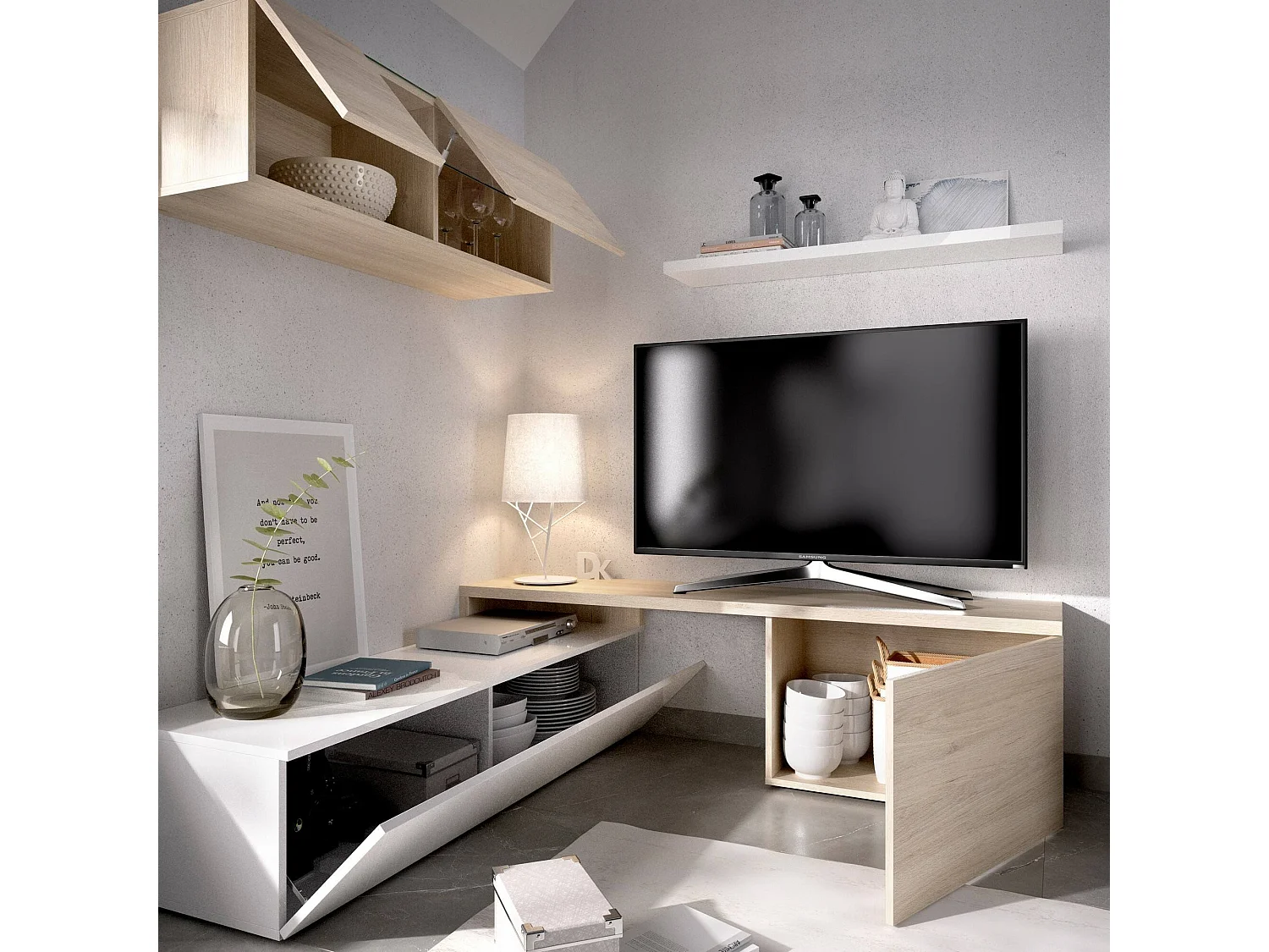 Sistema de parede Baker, conjunto modular de sala de canto, móvel de sala de TV multiposições, 201x41h180 cm, branco e carvalho