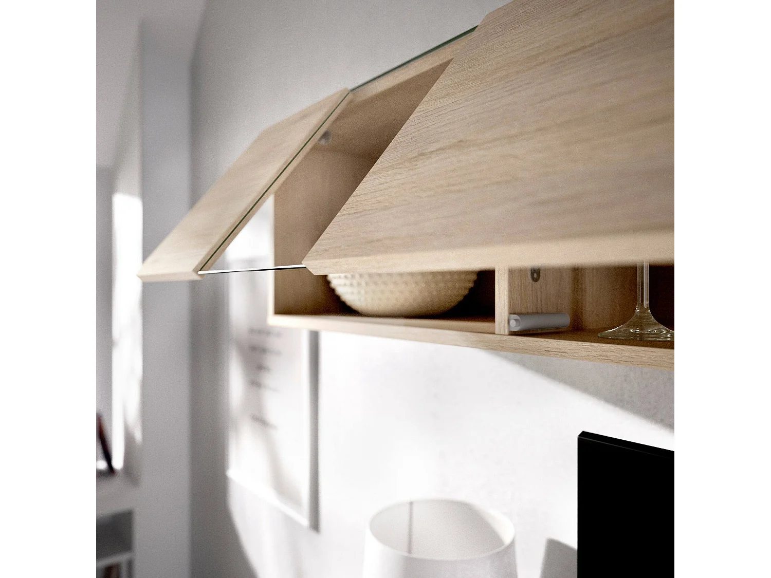 Sistema de parede Baker, conjunto modular de sala de canto, móvel de sala de TV multiposições, 201x41h180 cm, branco e carvalho