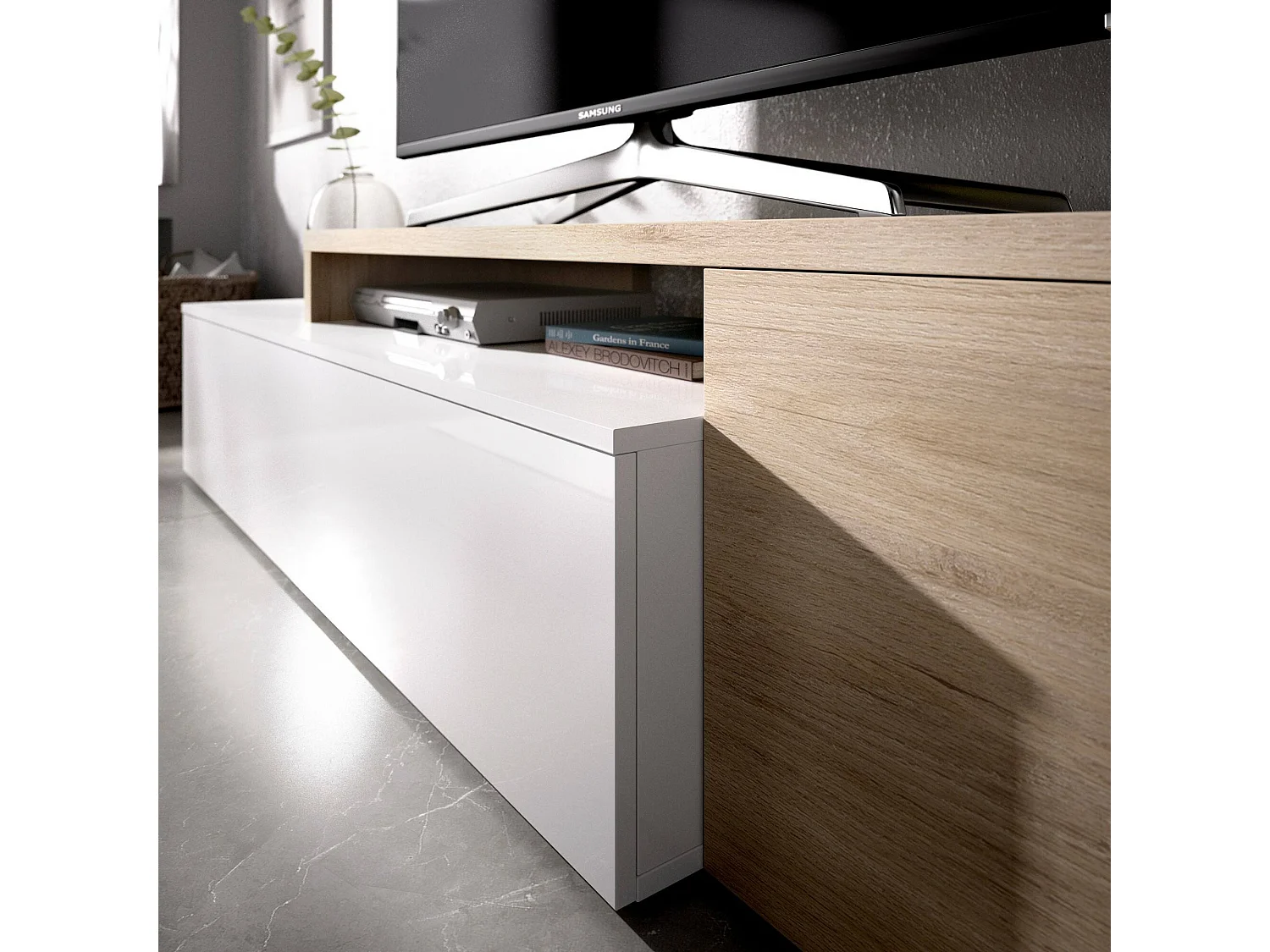 Sistema de parede Baker, conjunto modular de sala de canto, móvel de sala de TV multiposições, 201x41h180 cm, branco e carvalho