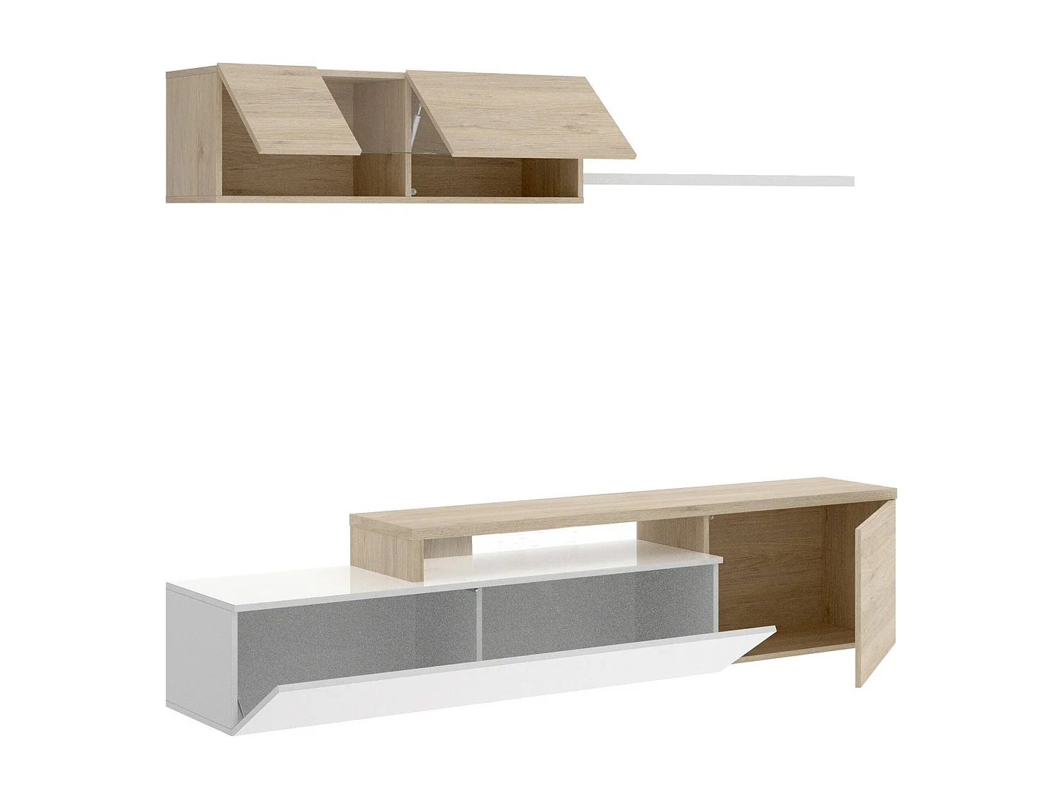 Sistema de parede Baker, conjunto modular de sala de canto, móvel de sala de TV multiposições, 201x41h180 cm, branco e carvalho