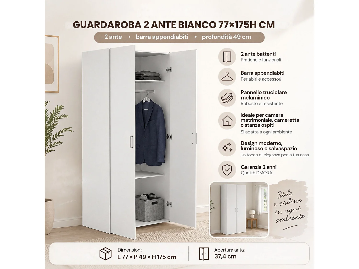 Garde-robe 2 portes Dscuffe, Meubles de chambre, Penderie de plain-pied, Placard à vêtements, 77x49 h175 cm, Blanc