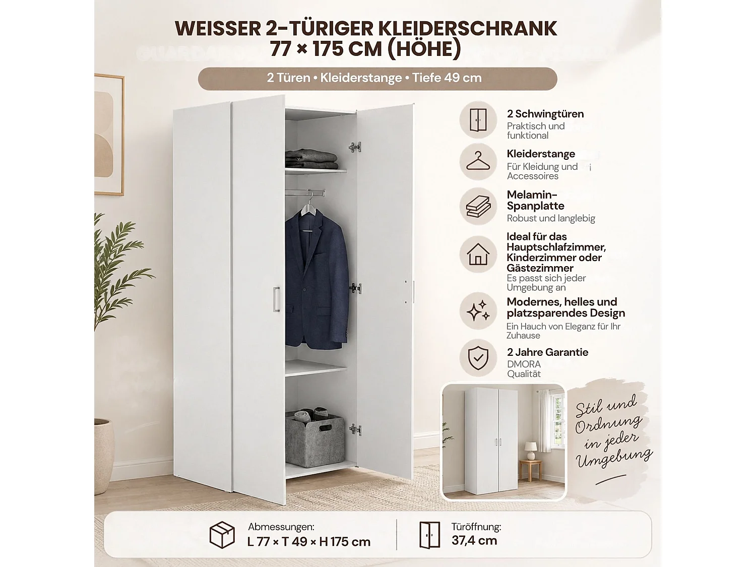 Garde-robe 2 portes Dscuffe, Meubles de chambre, Penderie de plain-pied, Placard à vêtements, 77x49 h175 cm, Blanc