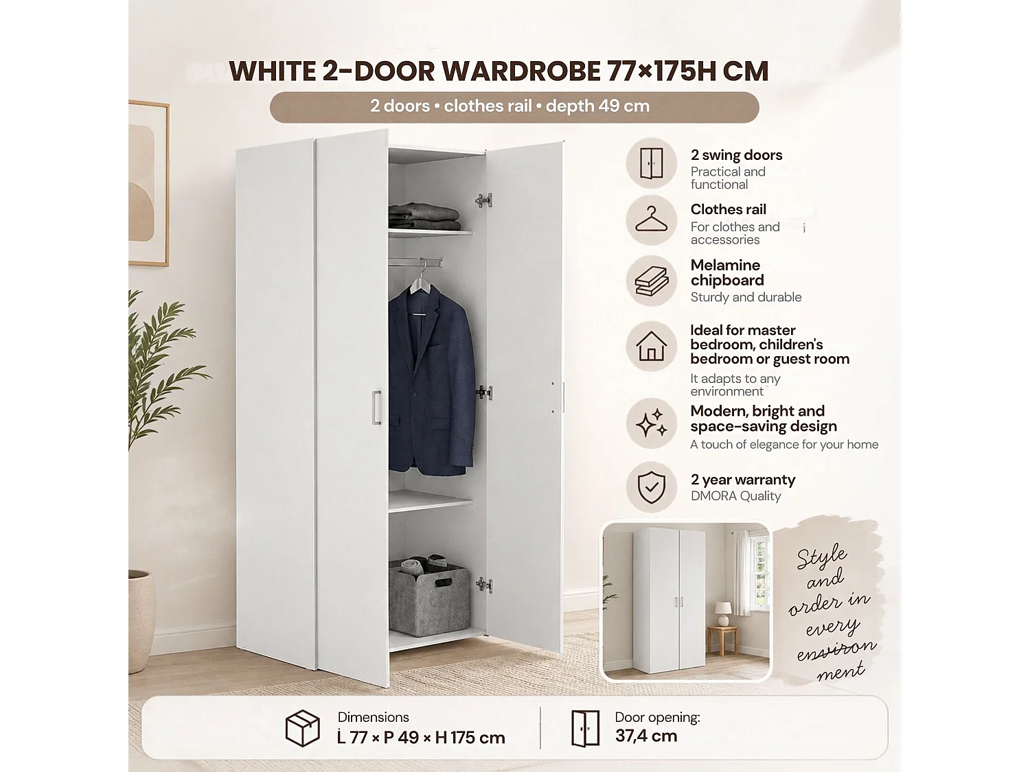 Garde-robe 2 portes Dscuffe, Meubles de chambre, Penderie de plain-pied, Placard à vêtements, 77x49 h175 cm, Blanc