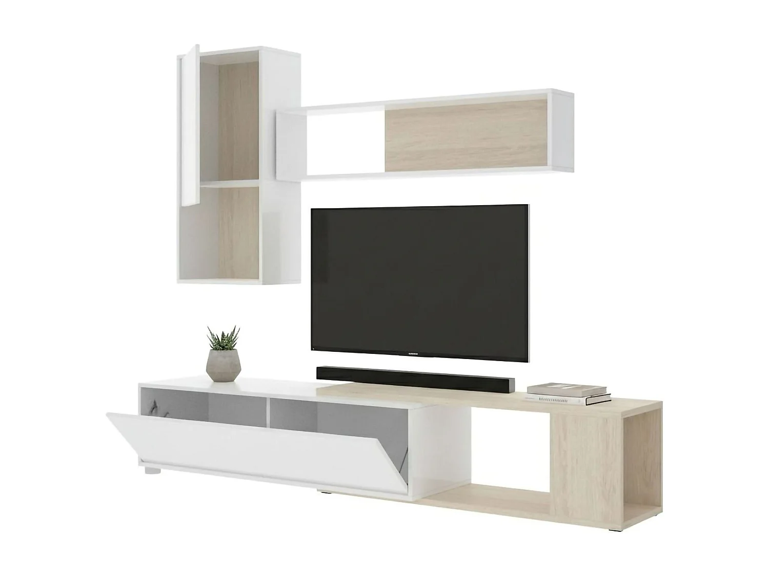 Système mural Dgam, Ensemble de salon d'angle modulable, Meubles de salon multi-positions, 230x41h180 cm, Blanc et Chêne