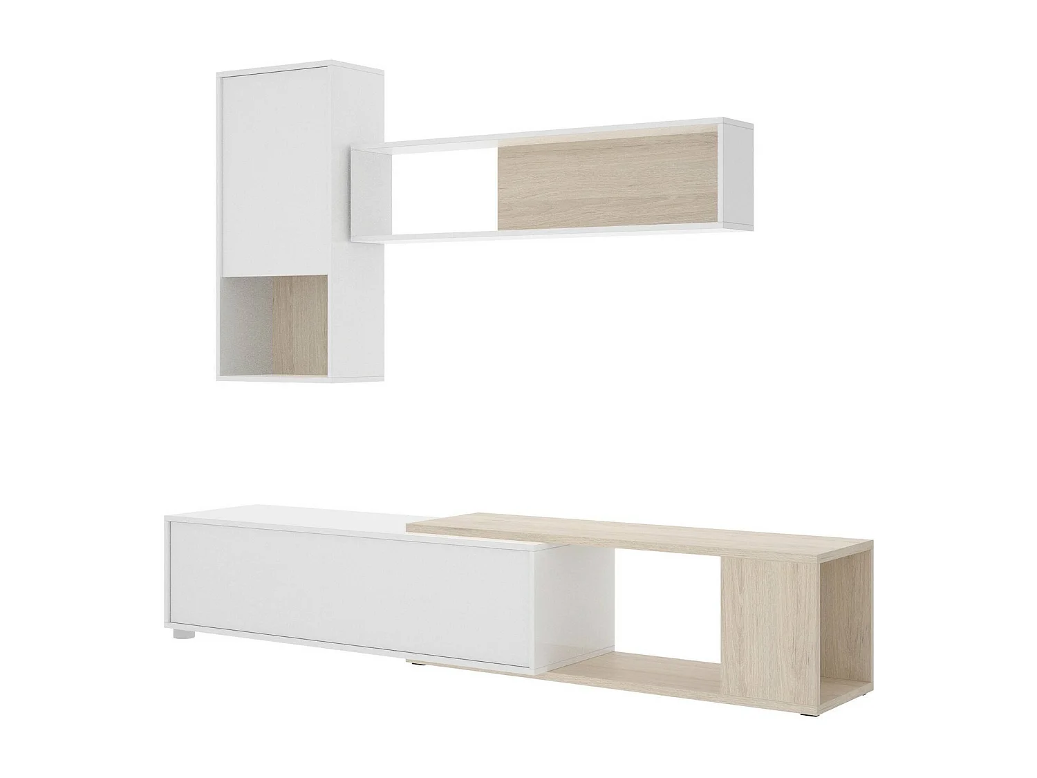 Système mural Dgam, Ensemble de salon d'angle modulable, Meubles de salon multi-positions, 230x41h180 cm, Blanc et Chêne