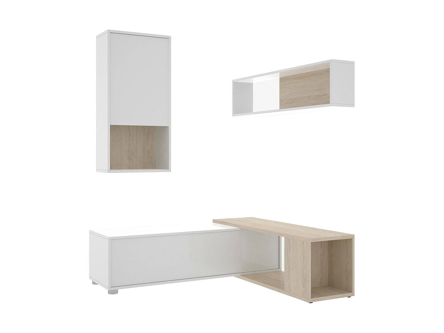 Système mural Dgam, Ensemble de salon d'angle modulable, Meubles de salon multi-positions, 230x41h180 cm, Blanc et Chêne