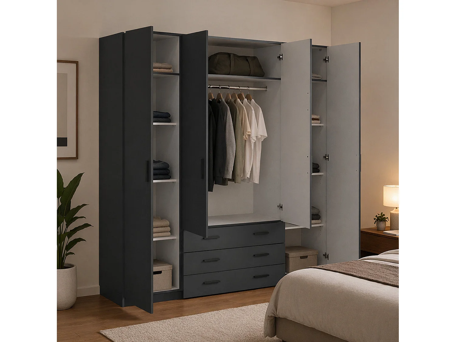 Grande Garde-robe Dserafin, Meubles de chambre, Penderie de plain-pied, Placard à vêtements, 196x50 h200 cm, Gris