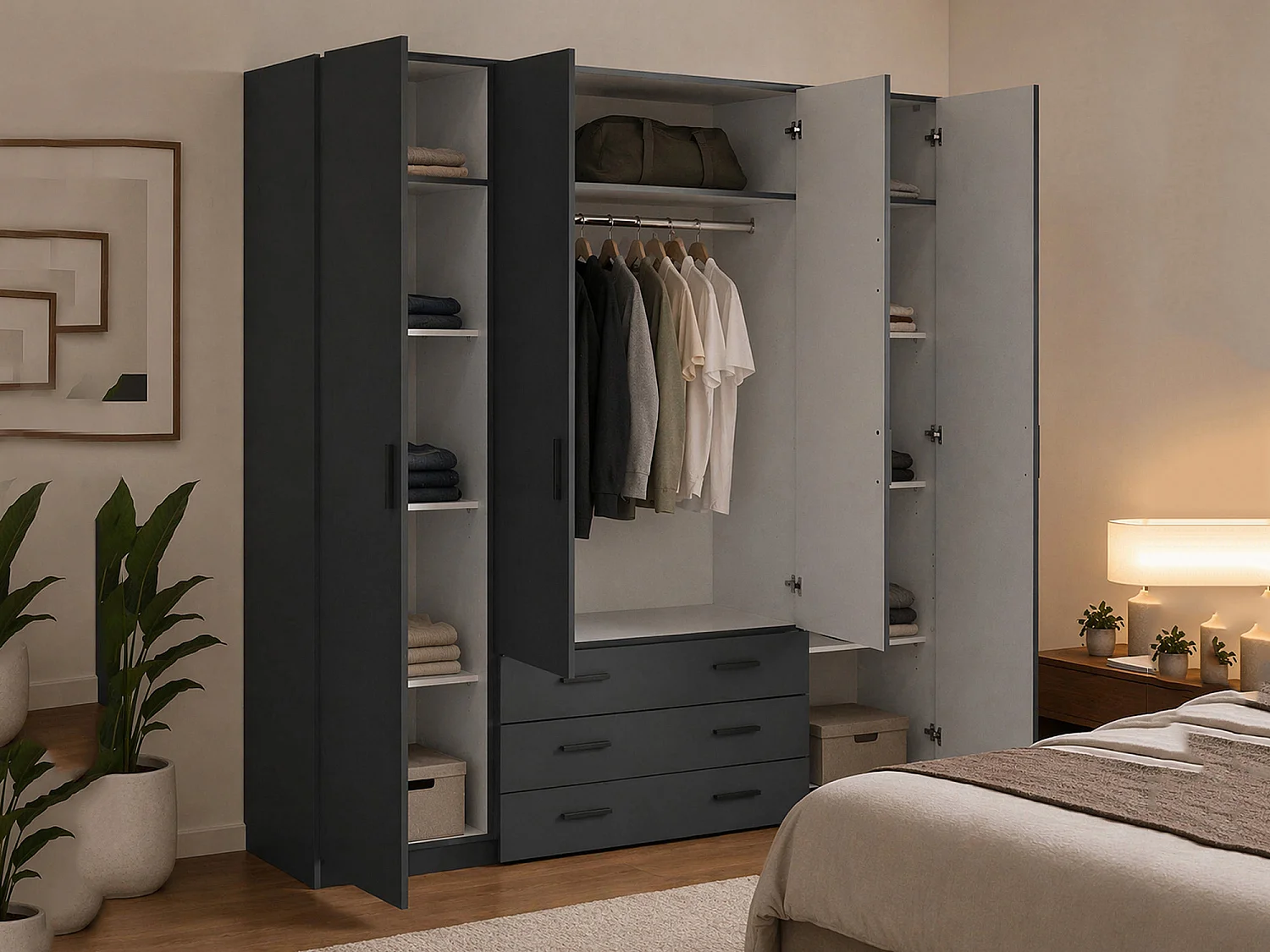 Grande Garde-robe Dserafin, Meubles de chambre, Penderie de plain-pied, Placard à vêtements, 196x50 h200 cm, Gris