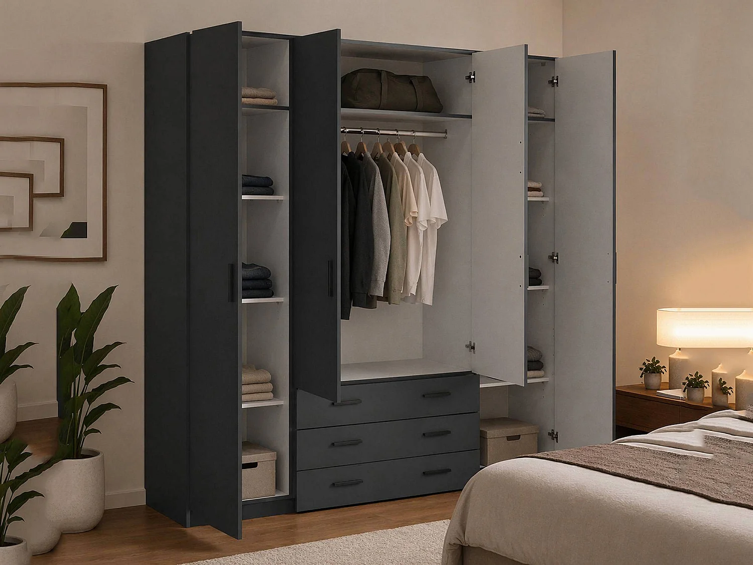 Grande Garde-robe Dserafin, Meubles de chambre, Penderie de plain-pied, Placard à vêtements, 196x50 h200 cm, Gris