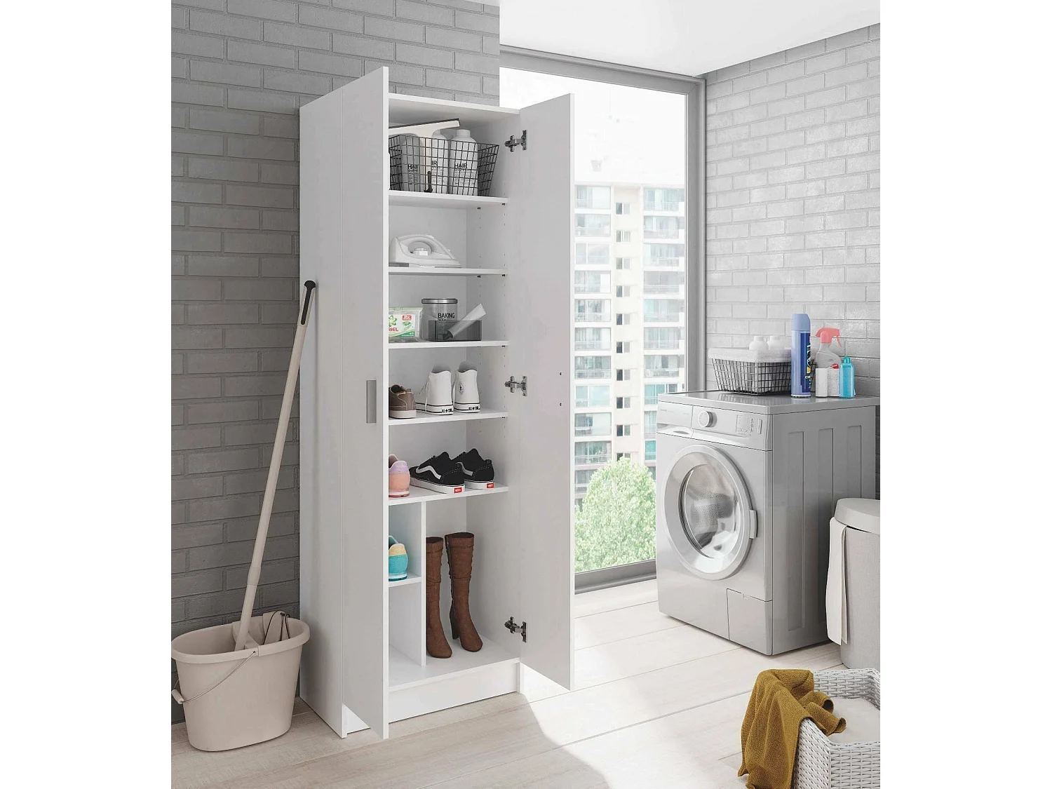 Armario multiuso Altiplano, 2 puertas, 6 estantes, 59x180h cm blanco, apertura abatible, 2 puertas