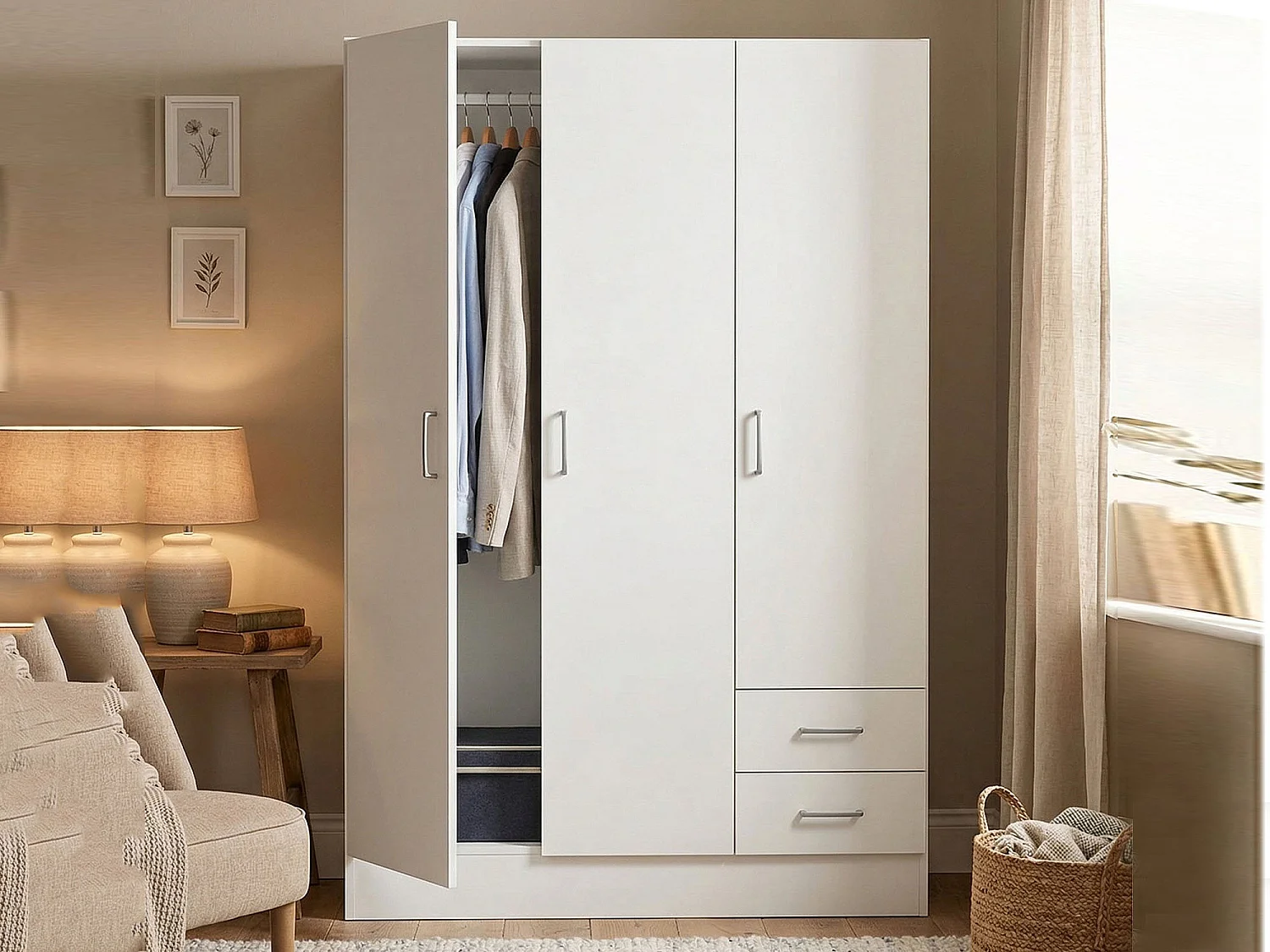 Garde-robe 3 portes Dpavese, Mobilier de chambre, Dressing fermé, Armoire à vêtements avec 3 portes et 2 tiroirs, 120x50h170 cm, Blanc