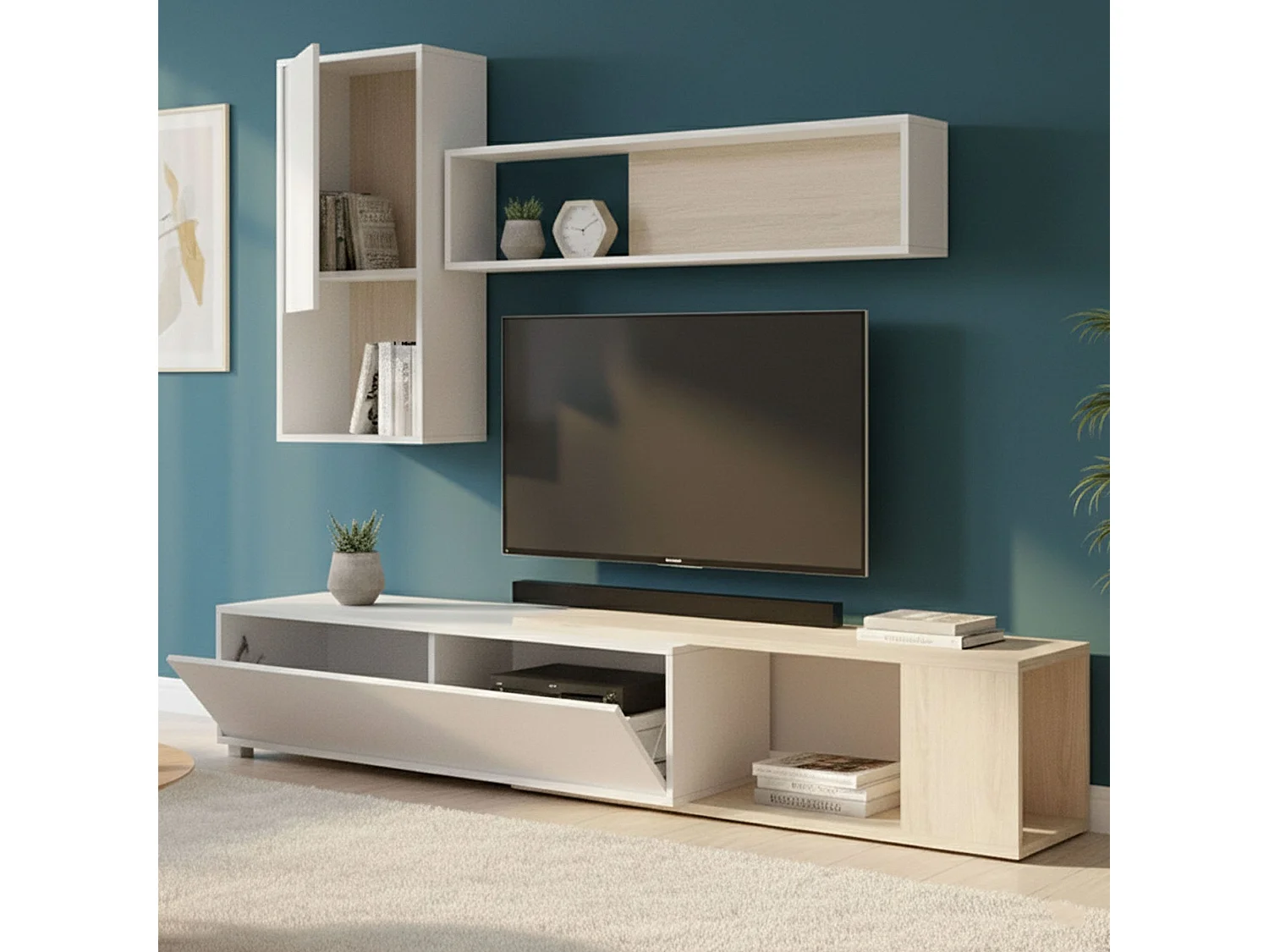 Wohnwand Legnone, modulares Eck-Wohnzimmerset, Multipositions-Wohnzimmermöbel, 230 x 41 x 180 cm, WeiÃŸ und Eiche