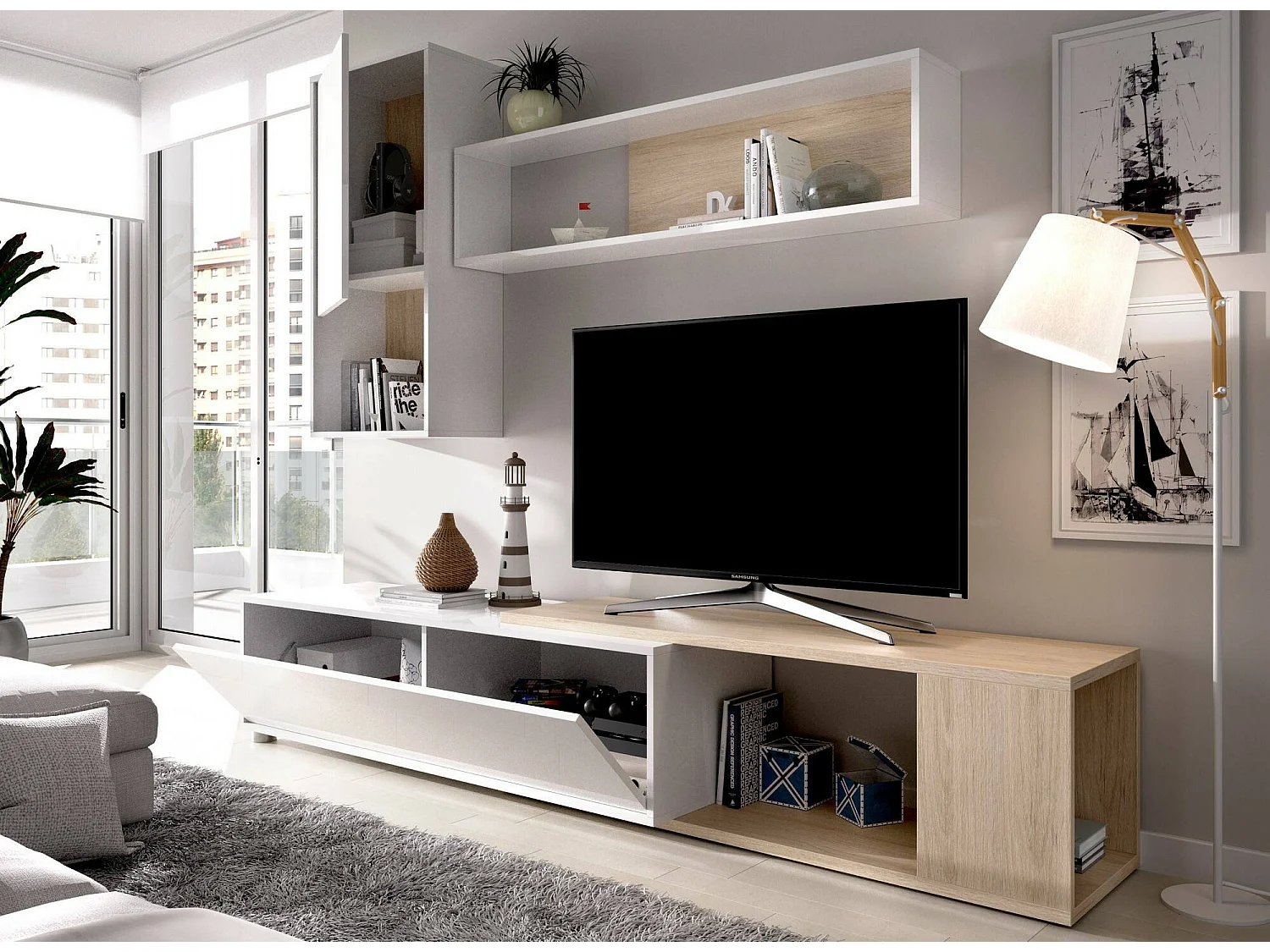 Wohnwand Legnone, modulares Eck-Wohnzimmerset, Multipositions-Wohnzimmermöbel, 230 x 41 x 180 cm, WeiÃŸ und Eiche