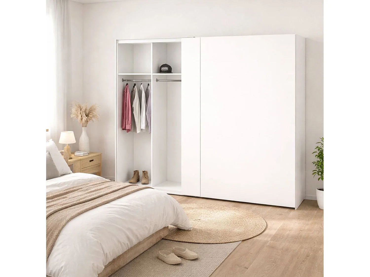 Kleiderschrank 2 Türen Badesse, Schlafzimmermöbel, Schrank, Garderobe, 243x61 h220 cm, Glänzendes WeiÃŸ