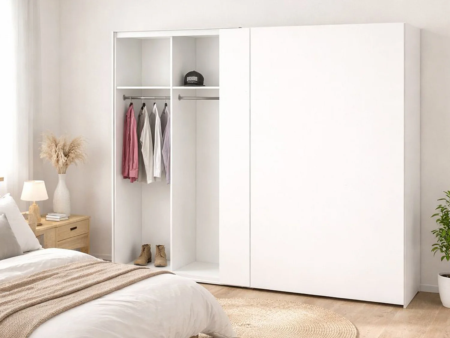 Garde-robe 2 portes Badesse, Meubles de chambre, Penderie de plain-pied, Placard à vêtements, 243x61 h220 cm, Blanc brillant