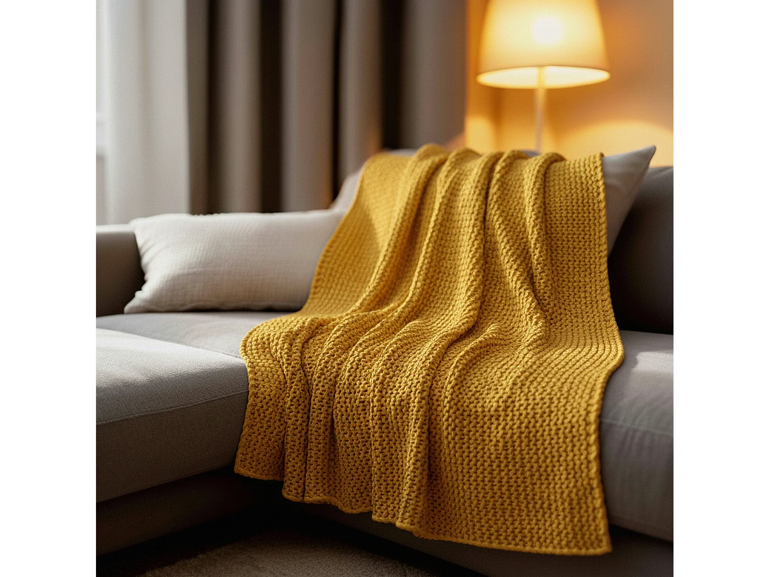 Manta plaid amarilla relieve con borlas 130x170cm TRICOT - SACASA