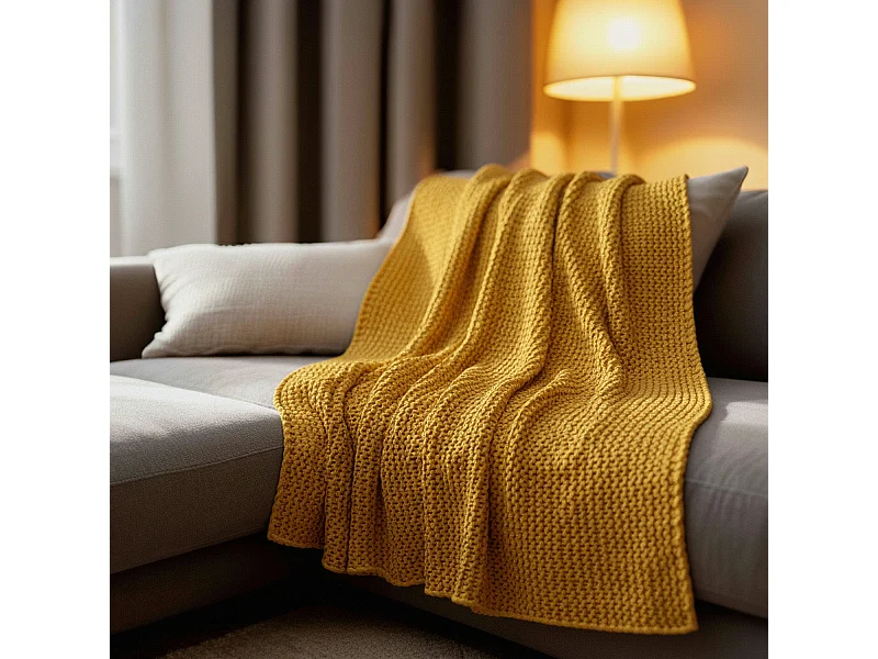 Manta plaid amarilla relieve con borlas 130x170cm TRICOT - SACASA