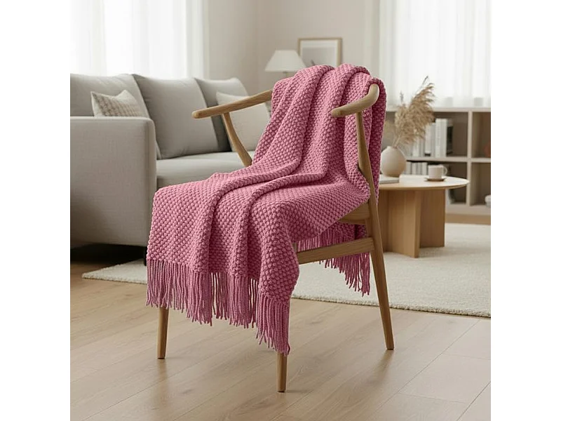 Manta plaid rosa frambuesa texturizado y con flecos 130x170cm DENARLA - SACASA
