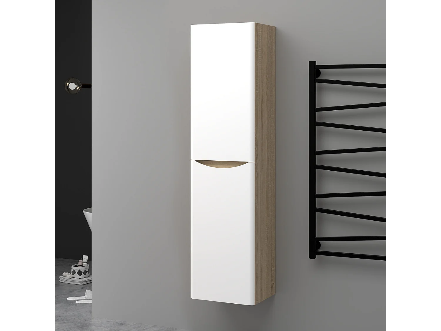 Colonne de salle de bain Brillant + 2 Porte, avec compartiment, 35 x 30 x 140 cm, Blanc et Chêne