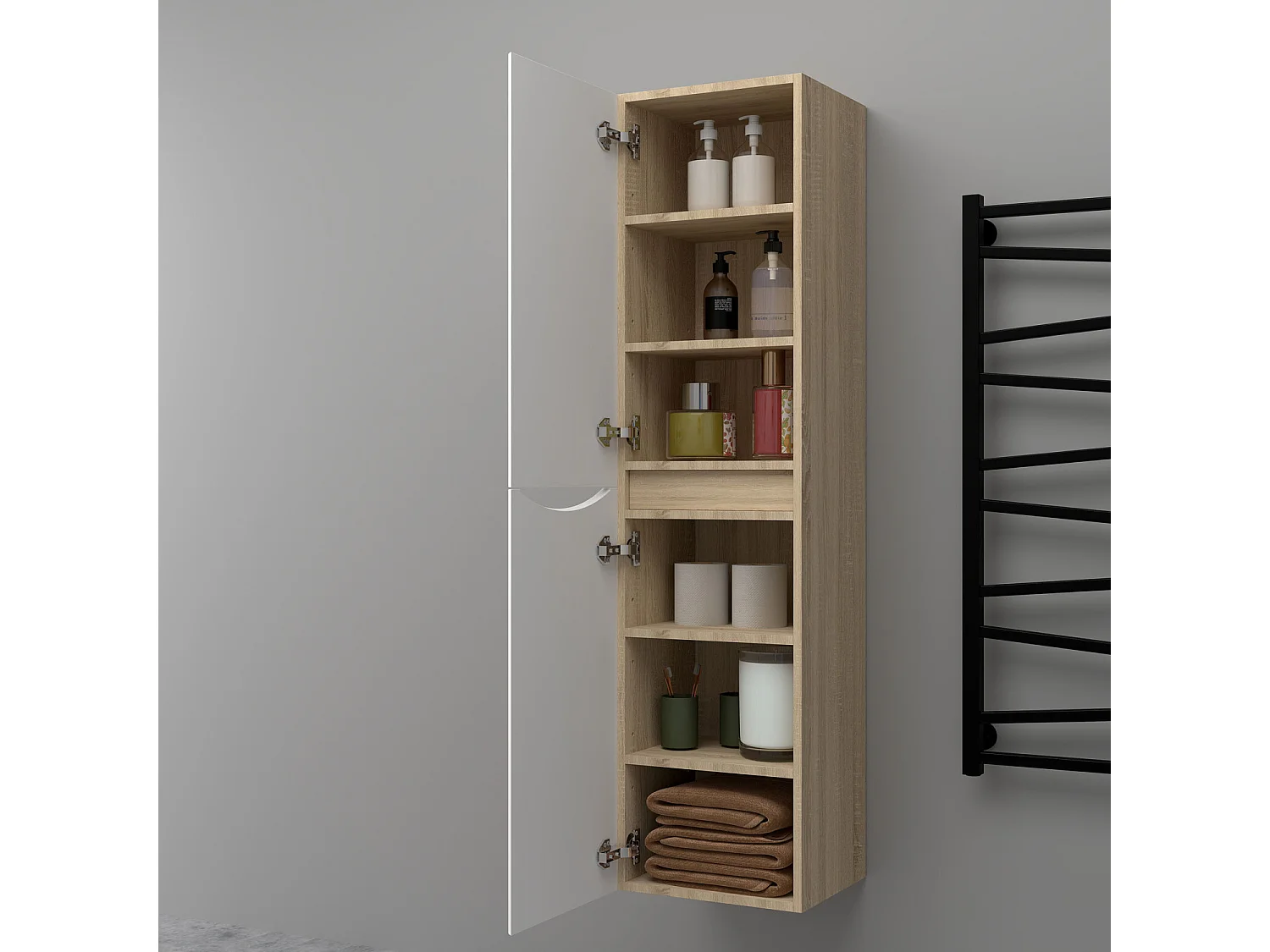 Colonne de salle de bain Brillant + 2 Porte, avec compartiment, 35 x 30 x 140 cm, Blanc et Chêne