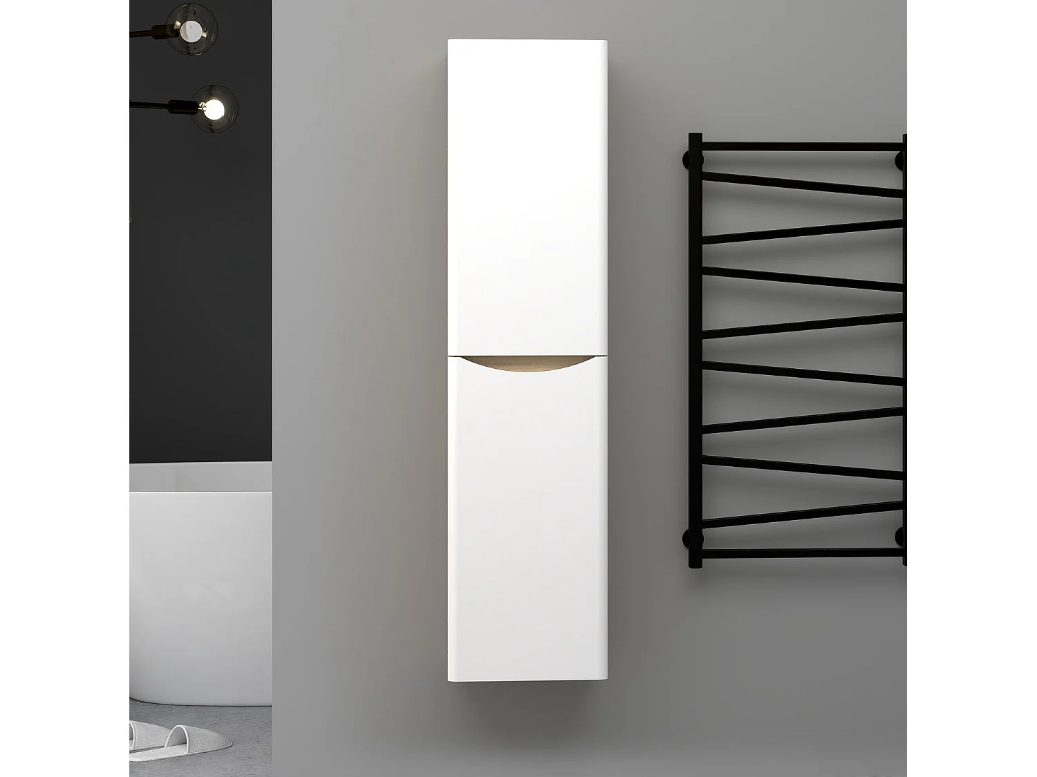 Colonne de salle de bain Brillant + 2 Porte, avec compartiment, 35 x 30 x 140 cm, Blanc et Chêne