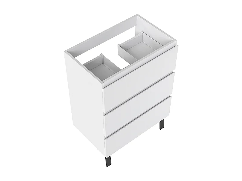 Meuble de Salle de Bain 60cm avec 3 tiroirs + 2 Pieds, Meuble sans vasque, Blanc